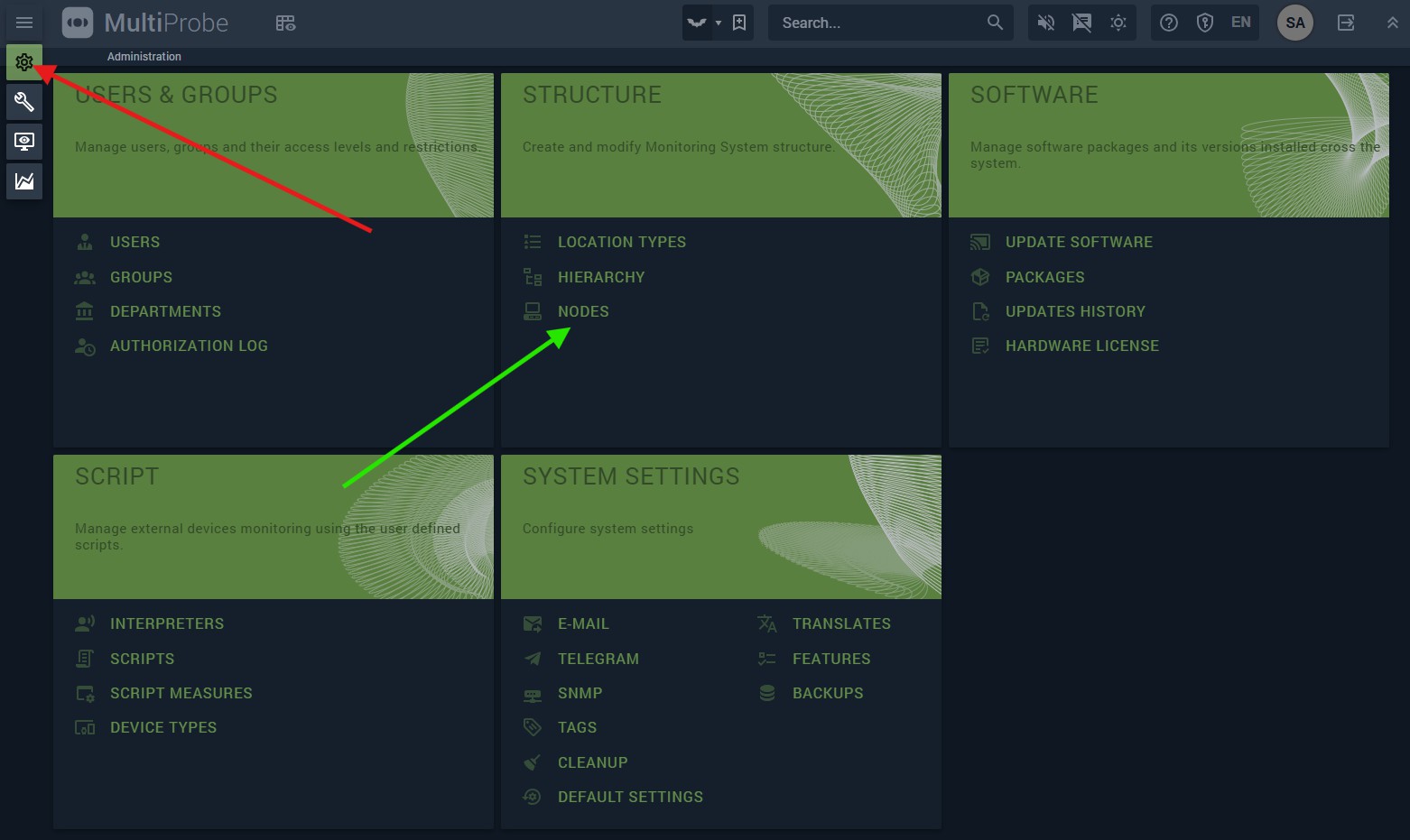 Figure 14. Nodes section on the Administration screen