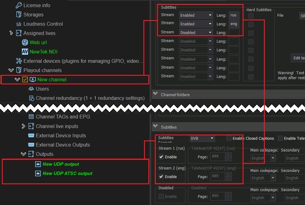 Configuring subtitles in a UDP output stream