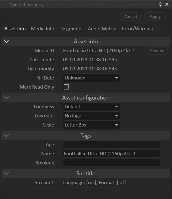 Content property window — Asset Info tab