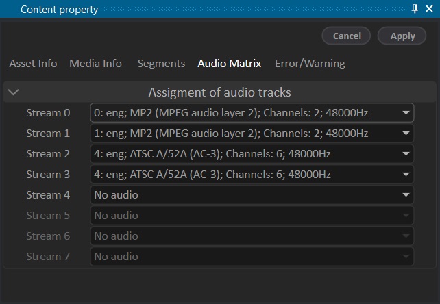 Content property window — Audio Matrix tab