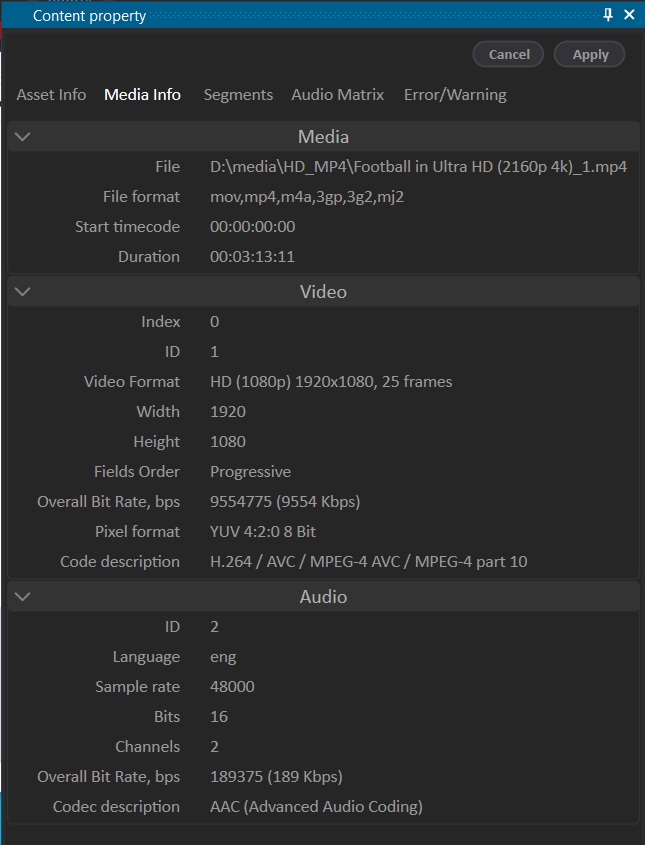 Content property window — Media Info tab