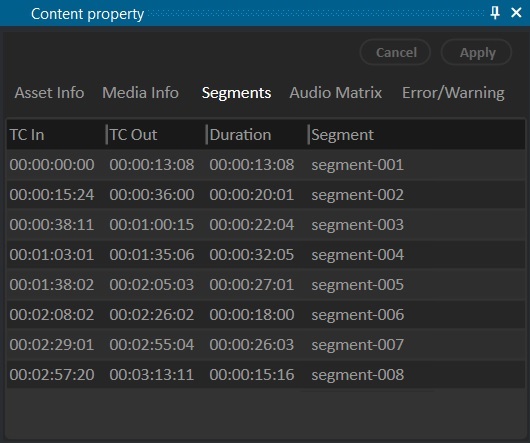 Content property window — Segments tab