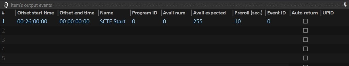 Item's Output Events window