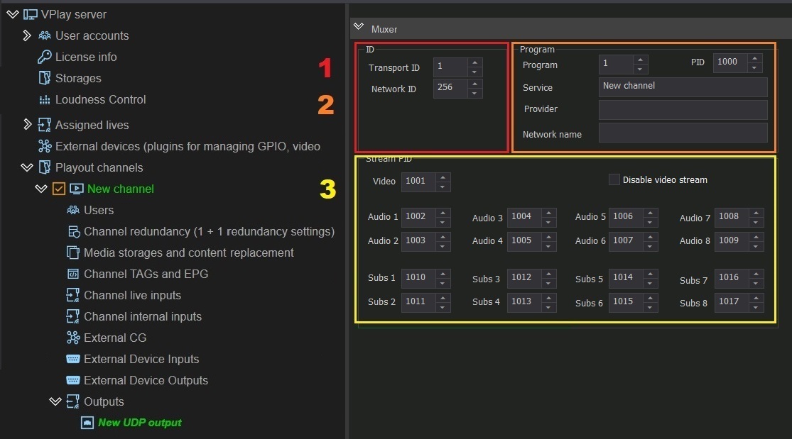 MPEG-TS over UDP multiplexer settings