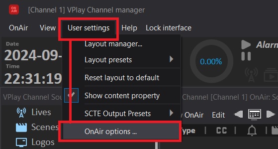Location of the additional OnAir Options window
