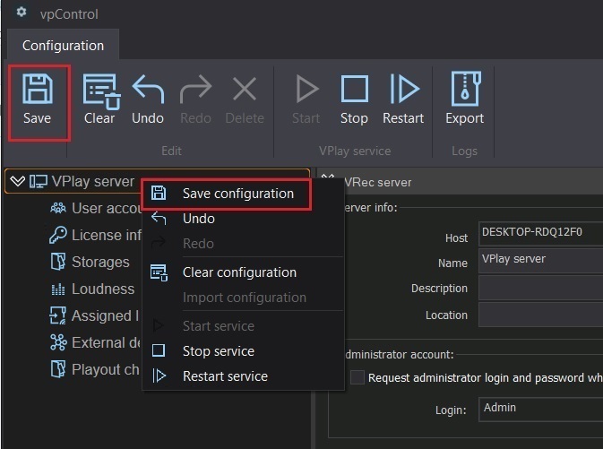 Saving the configuration