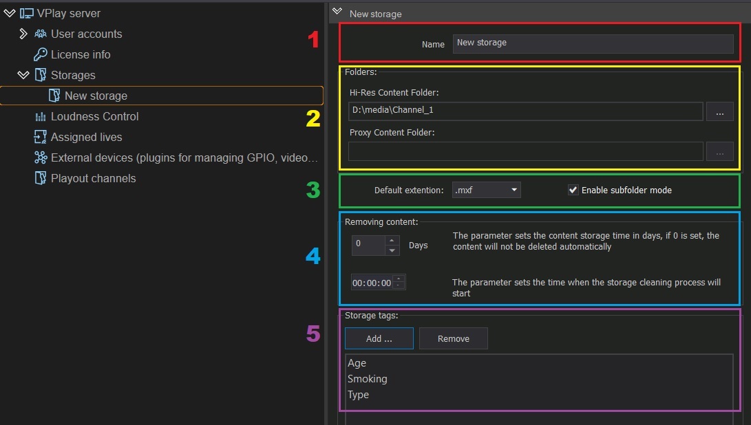 Storage settings panel